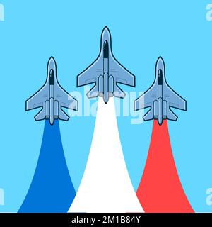 Trois avions de chasse militaires avec des pistes de couleur drapeau (bleu, rouge et blanc). Représentation de la force aérienne, illustration vectorielle. Illustration de Vecteur