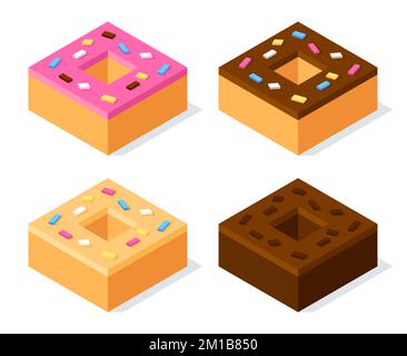 ensemble de 3d beignets cubes isométriques. Glaçage rose et chocolat avec saupoudrage. Illustration vectorielle. Illustration de Vecteur