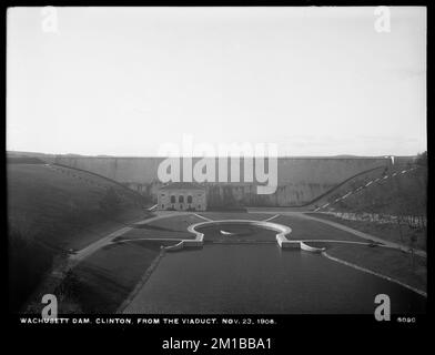 Barrage de Wachusett, vue sur le barrage, depuis le viaduc, Clinton, Mass., 23 novembre 1906 , travaux nautiques, barrages, genre Crataegus Banque D'Images