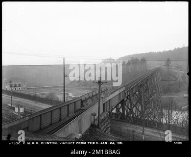 Barrage de Wachusett, vue du barrage et du viaduc, de l'est, Clinton, Mass., 24 janv. 1906 , ouvrages d'eau, barrages, infrastructures de chemins de fer, viaducs Banque D'Images