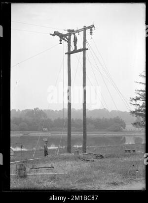 Wachusett Department, ligne de transmission de puissance Wachusett-Sudbury, fixation des isolants et des conducteurs, double pôle spécial no 328, Southborough, Mass., 28 mai 1918 , travaux nautiques, lignes électriques Banque D'Images