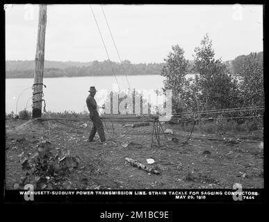 Wachusett Department, Wachusett-Sudbury POWER transmission line, strain pour les conducteurs de sachage, Southborough, Mass., 29 mai 1918 , travaux d'eau, lignes électriques, chantiers de construction Banque D'Images