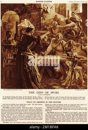 Demi-ton d'une femme écossaise livrant un plateau de nourriture avec un ensemble d'éperons à la tête de la maison comme un indice qu'il était temps pour lui de raid Angleterre pour le bétail. D'une publication éducative, 1927 Banque D'Images