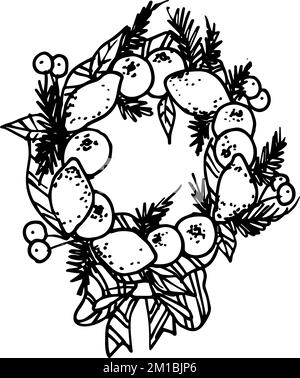 Noir Monochrome couleur Illustration pour Joyeux Noël et Joyeux nouvel an imprimé. Couronne avec éléments du nouvel an sur blanc Illustration de Vecteur