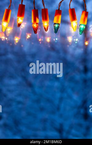 Noël lumière de Noël sur la fenêtre à la tombée de la nuit et arbres couverts de neige à l'extérieur. Prise de vue verticale avec espace pour votre propre texte Banque D'Images