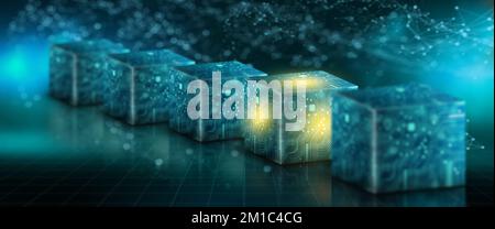 Technologie cube sur le point de convergence du circuit avec un arrière-plan bleu abstrait. Blockchain Network System. Traitement du stockage Big Data, données Cloud. Banque D'Images