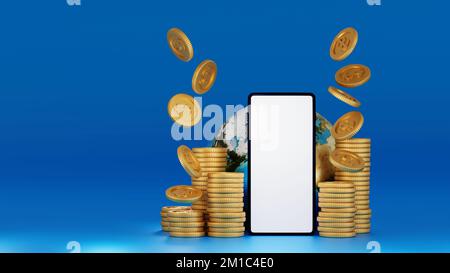 Smartphone avec pile de pièces d'or et globe ou terre, monde des affaires et des concepts financiers. 3D rendu. Élément par NASA Banque D'Images