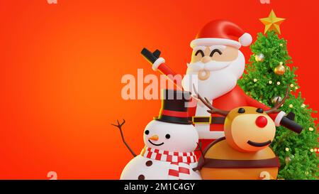 Clause Santa avec bonhomme de neige et arbre de Noël et boîte de cadeaux, bonne année et Joyeux Noël carte de voeux Noël, 3D rendu caricature Banque D'Images