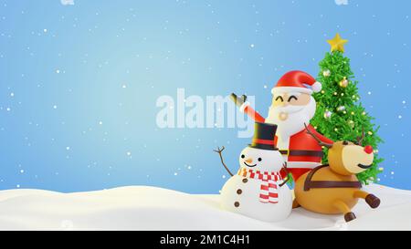 Clause Santa avec bonhomme de neige et arbre de Noël et boîte de cadeaux, bonne année et Joyeux Noël carte de voeux Noël, 3D rendu caricature Banque D'Images