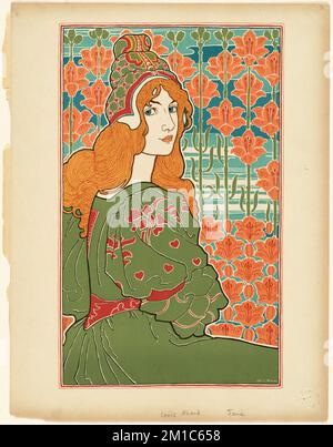 Femme regardant par-dessus son épaule avec des fleurs stylisées en arrière-plan , fleurs Banque D'Images