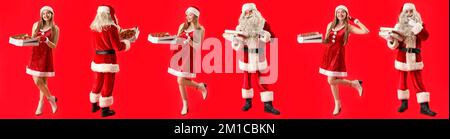 Ensemble de personnes dans des boîtes de costume de Santa avec de savoureuses pizzas sur fond rouge Banque D'Images