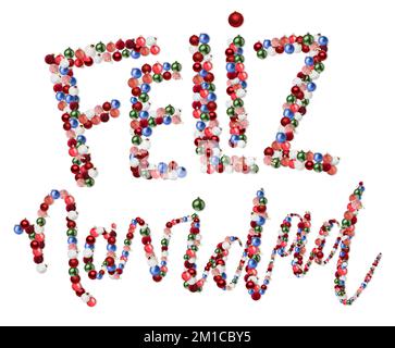 Texte FELIZ NAVIDAD (Espagnol pour Joyeux Noël) fait de boules sur fond blanc Banque D'Images