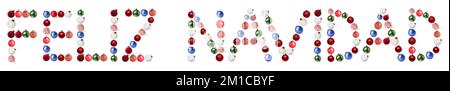 Texte FELIZ NAVIDAD (Espagnol pour Joyeux Noël) fait de boules sur fond blanc Banque D'Images