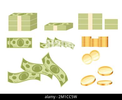Ensemble de pièces en or et illustration du vecteur de monnaie en papier sur fond blanc Illustration de Vecteur