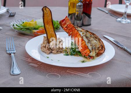 photo de homard grillé à la tomate et au concombre frais sur une assiette blanche, de riz et d'un verre à cocktail sur la nappe. Banque D'Images