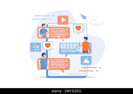 Tablette avec les utilisateurs communiquant et bulles de la parole. Communication Internet mondiale, médias sociaux et technologie de réseau, chat, message et forum concep Illustration de Vecteur
