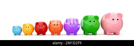 Les bancs de porc colorés augmentent de taille sur un arrière-plan blanc isolé. Concept d'économie d'argent, d'investissement et de croissance financière. Le planni financier Banque D'Images