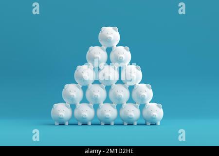 Croissance de l'épargne ou concept d'accumulation d'argent. Tour pyramidale de tirelires blanches empilées sur fond bleu. 3D rendu. Banque D'Images