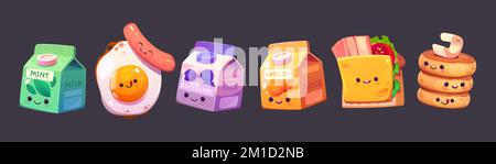 Personnages de la cuisine de Kawaii, repas de petit-déjeuner de dessin animé. Jus d'abricot mignon, lait à la menthe, crêpes, œufs frits avec saucisse, set isolé de sandwich. Drôle adorables menu enfants personnages, illustration vectorielle Illustration de Vecteur