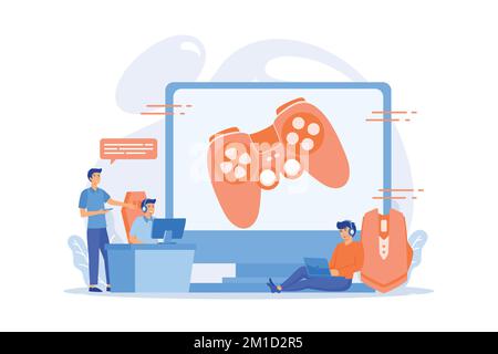 Industrie des jeux informatiques, formation en cybersport. Entraînement eSports, leçons avec les joueurs professionnels, plate-forme de coaching esports, jouer comme un concept pro. vec plat Illustration de Vecteur