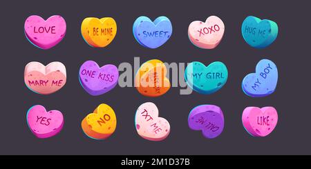 Bonbons de conversation pour la Saint-Valentin, vecteur amour doux coeurs avec des messages romantiques pour petit ami ou petite amie. Collection de sucre coloré de Saint-Valentin, illustration de dessin animé, icônes isolées ensemble Illustration de Vecteur