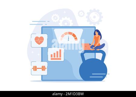 Logiciel de fitness. Organiseur amincissant, planificateur d'entraînement sportif, programme de perte de poids. Femme utilisant un ordinateur portable pour la progression de l'entraînement et le suivi du bien-être. plat Illustration de Vecteur