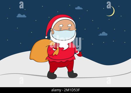Le Père Noël en masque médical porte un sac de cadeaux. Illustration vectorielle. Illustration de Vecteur