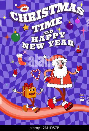 Affiche de Noël Groovy hippie. Père Noël et boîte cadeau n style de dessin animé rétro tendance Illustration de Vecteur