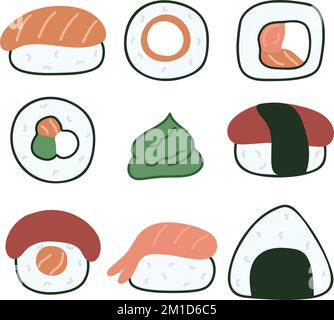 Illustration simple de l'ensemble sushi et sashimi. Vecteur alimentaire asiatique. Plat cuisine japonaise traditionnelle riz avec poisson et fruits de mer en algues Illustration de Vecteur