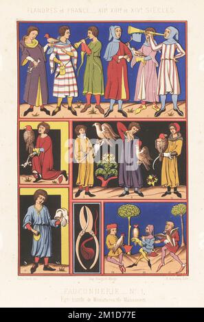 Costumes de fauconnerie en Flandre et en France, 12th à 14th siècle. Faucons avec des oiseaux de proie, faucons, faucons, gauntlets en cuir, capuches, griffes d'oiseau, avec des musiciens jouant des cornes au sommet. De divers manuscrits. Fauconnerie 1, télécopie de miniatures de manucrits, Flandres et France, XIIe, XIIIe et XIIe siecles. Chromolithographe de Ferdinand Sere, des Arts Somptuaires de Charles Louandre, The Sumptuary Arts, Hangard-Mauge, Paris, 1858. Banque D'Images