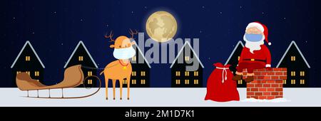 Le Père Noël et le renne dans des masques faciaux sur le toit. Dessin animé. Illustration vectorielle. Illustration de Vecteur