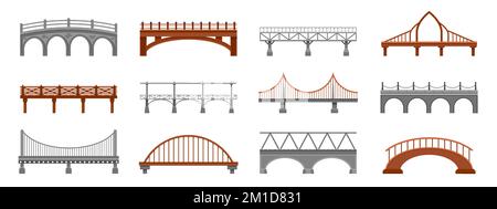 Collection Bridge. Travée de chemin de fer en bois métal béton passerelle en pierre, ville industrielle construction architecturale dessin animé modèle plat. Vecteur Illustration de Vecteur