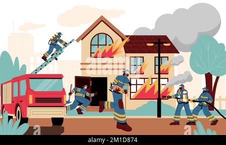 Pompiers à la maison en feu. Les personnages pompier éteignent le bâtiment d'incendie avec des tuyaux, les travailleurs d'urgence avec des pompiers de secours des gens de feu de feu Illustration de Vecteur