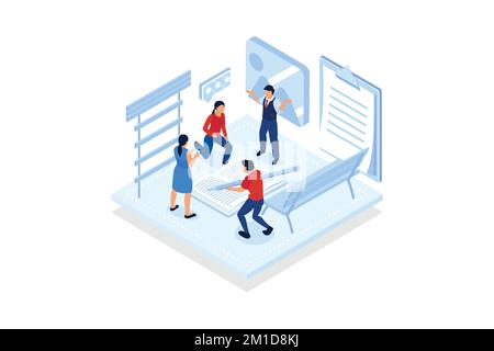 Projet étudiants. Présentation créative du projet, célébration de la défense réussie du projet, processus éducatif, partage d'idées. vecteur isométrique moderne il Illustration de Vecteur