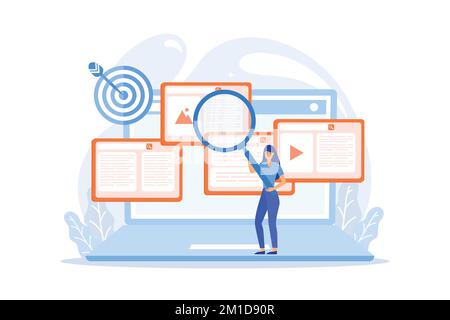 Entreprise de marketing de Search Engine. Service de rédaction, gestion de contenu. Optimisation de copie, optimisation de texte Web, meilleur concept d'écriture de SEO, plate ve Illustration de Vecteur