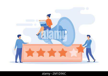 Système CRM en ligne, gestion de la réputation. Évaluation de la qualité du service, commentaires des utilisateurs, avis des clients. Échelle de notation, classement élevé, concept de classement supérieur, Illustration de Vecteur