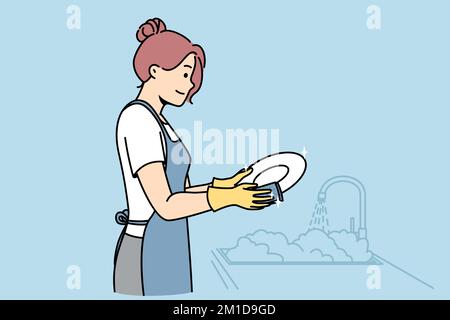 Une fille lave les assiettes dans des gants près de l'évier. La jeune femme fait des tâches ménagères dans la cuisine. Routine quotidienne de nettoyage à la maison. Assistant domestique, personnel de services. Illustration vectorielle multicouleurs. Illustration de Vecteur