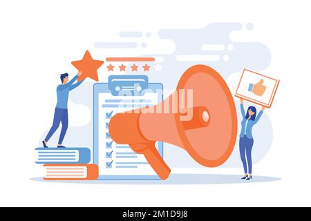 Le mégaphone et les hommes d'affaires font le choix entre des étoiles et des icônes. Classement et échelle de notation, concept haut de gamme, concept haut de gamme sur fond blanc, vecteur plat Illustration de Vecteur