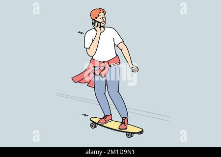 Guy roule sur un skateboard dans la rue et parle sur un téléphone portable en même temps. Garçon pratique le skateboard à l'extérieur. L'adolescent se déplace sur la route à bord long, chat sur smartphone. Graphiques vectoriels en couleur. Illustration de Vecteur