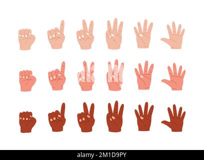 Les mains comptent. Caricature humaine multiraciale gestes de paume montrant des nombres par les doigts, étude mathématique concept de langage des signes style plat, ensemble isolé de vecteur Illustration de Vecteur