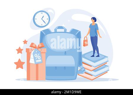 Sac à dos pour l'école, livres, cabas avec sac à provisions et boîte à cadeau avec étiquette de pourcentage. Vente et offres pour la rentrée, concept de liquidation des achats scolaires, Illustration de Vecteur