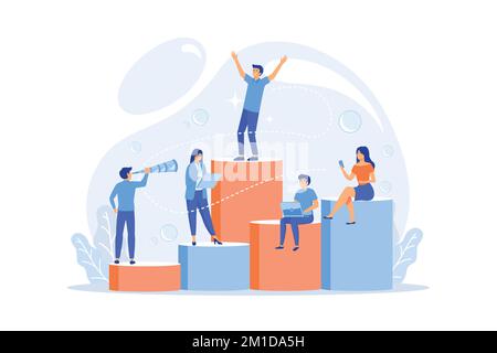 Les gens d'affaires travaillent et grimpent sur l'échelle de l'entreprise. Hiérarchie de l'emploi, planification de carrière, échelle de carrière et concept de croissance sur fond blanc, plat Illustration de Vecteur