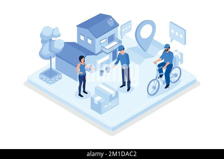 Modèle de bannière Web du service de livraison en ligne. Messagerie sur la boîte de livraison de Scooter. Smartphone avec application mobile pour le suivi des livraisons. Smart Logisti Illustration de Vecteur