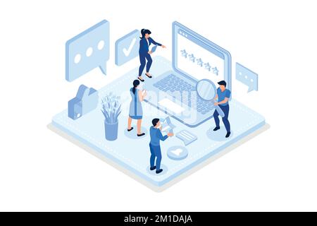 Personnages de personnes qui donnent un feedback cinq étoiles. Les clients qui choisissent le taux de satisfaction et laissent un avis positif. Service client et expérience utilisateur Co Illustration de Vecteur