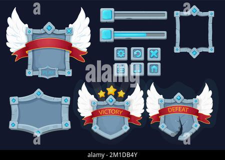Set pierre bouclier, cadre avec pierres gemmes, ruban de récompense, les ailes de jeu de victoire menu et les icônes de jeu dans le style de dessin animé isolé sur l'arrière-plan. Atout Magic royal, modèle. Illustration vectorielle Illustration de Vecteur