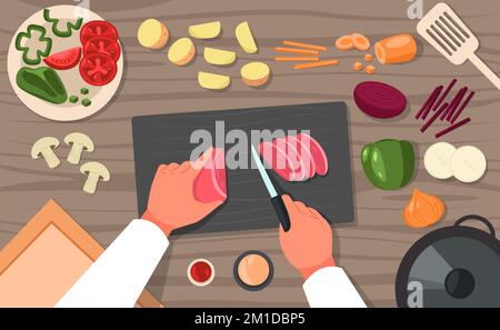 Vue du dessus de la cuisine. Chef préparant des plats à hacher sur table, assiette et planche avec des tranches de légumes de dessin animé repas végétarien sain. Vecteur Illustration de Vecteur