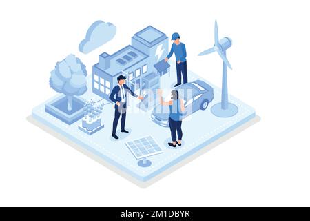 Technologie Smart Grid avec énergie renouvelable. Générateurs d'électricité éolienne et panneaux solaires connectés à la maison intelligente et à la voiture électrique. Développement durable an Illustration de Vecteur