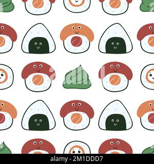 Sushi kawaii et sashimi sans coutures. Fond de vecteur alimentaire asiatique. Imprimé personnages mignons pour le textile, le papier, l'emballage et la conception de produits Illustration de Vecteur