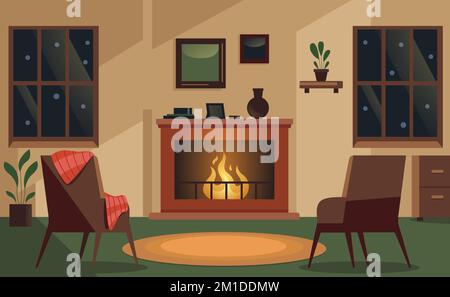 Intérieur de la chambre avec cheminée. Maison confortable avec poêle à bois mobilier traditionnel matériel décoratif, chaud hiver concept de loisirs. Vecteur Illustration de Vecteur