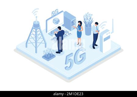 Personnage de personnes connexion de périphériques avec le réseau technologique de nouvelle génération 5g. Internet mobile haut débit et concept Internet des objets, isométriques ve Illustration de Vecteur